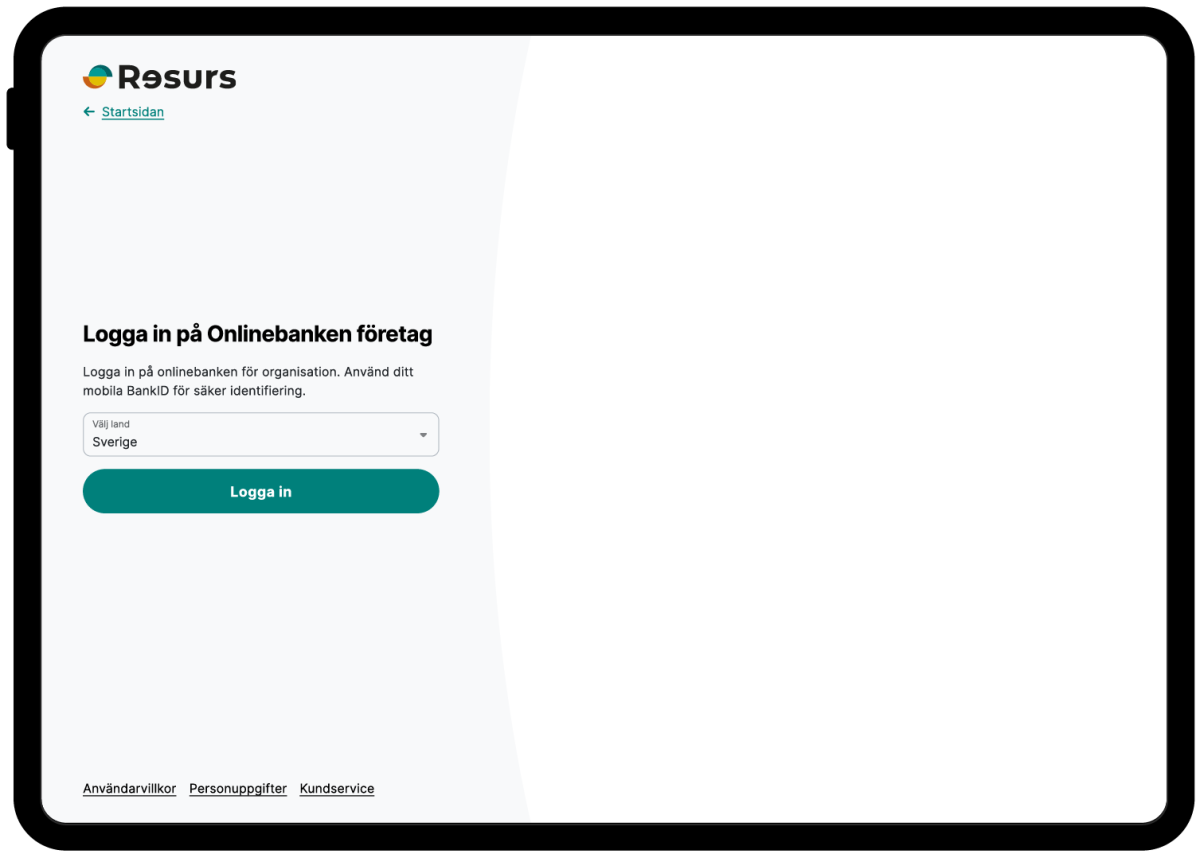 Skärm som visar inloggningssidan för onlinebanken för företag.